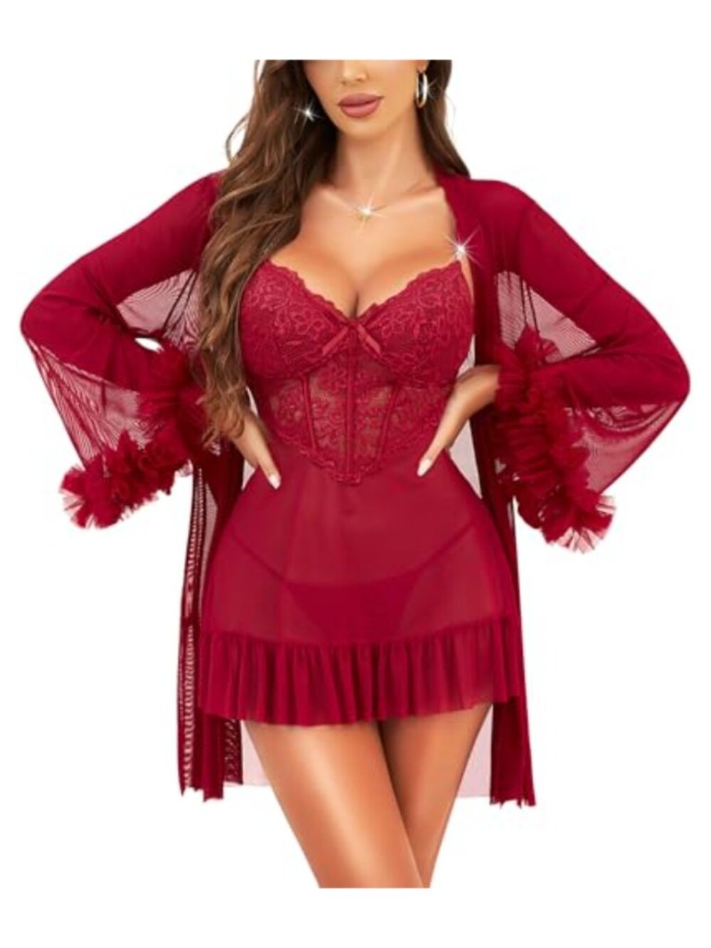 RSLOVE Women Lingerie 2 Piece Set Lace Babydoll Mesh Robe Chemise Sleepwear